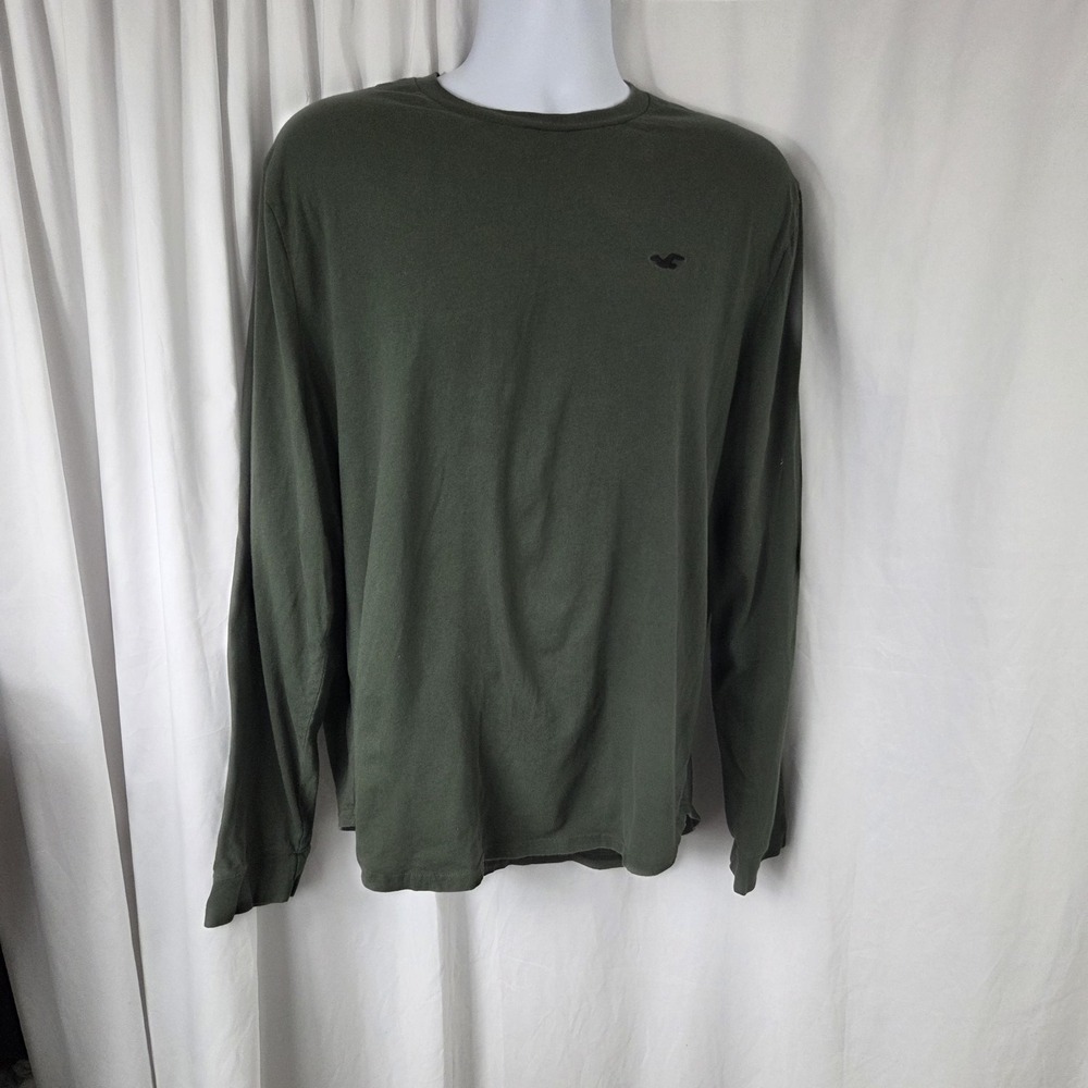 Hollister Shirt Mens 2XL Green Solid Logo Long Sleeve Tee Top Crewneck Cotton